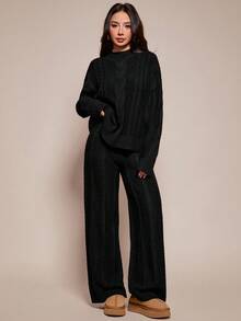 SHEIN PETITE 女士冬季纯色圆领长袖简约上衣和裤子休闲两件套，冬季服装 - 黑色 - 查看 4