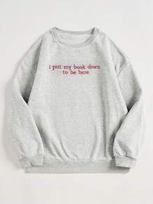 INAWLY Women's Plus Size Sweatshirt,I Put My Book Down To Be Here Embroidered Crewneck,Bookish Merch,Bookworm Gift,Funny Pastel Pink Autumn Casual School - Grey - View 2