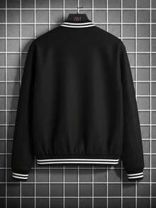 Chaqueta universitaria para hombre estilo urbano juvenil con bordado creativo, ajuste holgado, cuello alto, manga larga, primavera otoño, diario, chamarra - Negro - Ver 3