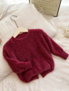 Genkimix Kids Young Girl' Soft Pink Sweater, Simple And Fashionable, Suitable For Autumn/Winter. Adorable For Christmas, New Year, Spring Festival And Other Holidays. Made Of High-Quality Yarn, Soft And Comfortable, Fine Knitting Craftsmanship, Not Easy To Pilling And Durable. Loose And Comfortable Round Neck Design, Easy To Put On And Take Off. Cropped Sweater Red Knit Sweater Fuzzy Sweater Red Sweater Red Cropped Sweater Shaggy Sweater Maroon Sweater Red Casual Sweater Short Sweater Red Fuzzy Sweater - Burgundy - View 7