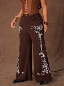 Rustia Plus Size Women Elastic Waist Faux Embroidery Print Casual Flare Pants - Rust Brown - View 4