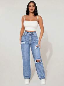 SHEIN PETITE Women's High Waist Pockets Distressed Straight Loose Casual Denim Jeans - Light Wash - View 4