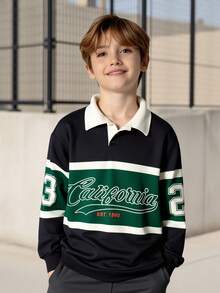 Casuvi Kids 男童翻领拉链卫衣，黑、绿、米色条纹撞色设计，正面印有 CALIFORNIA 字样，袖子印有数字 23，休闲街头运动装 - 彩色 - 查看 6