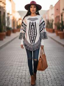 Mujer suéter casual con diseño geométrico tejido holgado cuello redondo manga larga otoño invierno uso diario - Blanco - Ver 1