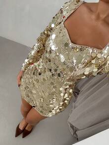 SHEIN Glamour Shiny Gold Sequin Sexy Party Cocktail Dress - Gold - View 3