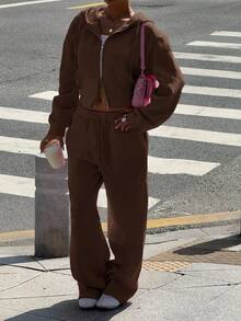 Muchica 休闲纯色连帽衫和运动裤套装，时尚服饰 - 棕色 - 查看 4