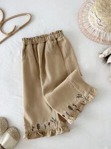 LMoss Kids Baby Girl Floral Embroidered Loose Khaki Denim Pants,Fall Clothes,Winter Clothing ,Casual And Fashionable Vacation Outfits,2000s Style  ,Christmas Clothing ,Winter Denim Bottom, Khaki Bottom,Girl Vintage  Clothing,Girl Vintage  Pants