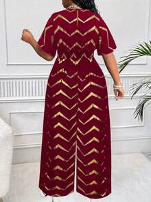 Maweii Große Größen Elegante Jumpsuit für Damen mit Kontrast-Schwarz-Weiß-Muster, Wickelausschnitt, Kurzarm und weitem Bein - Bordeaux - Übersicht 2