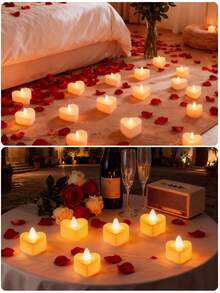 Teckwe 6支心形LED无焰电子蜡烛，营造浪漫氛围，暖光，节日装饰，桌面摆件，浪漫夜晚，婚礼餐桌装饰，生日派对 - 白色 - 查看 2