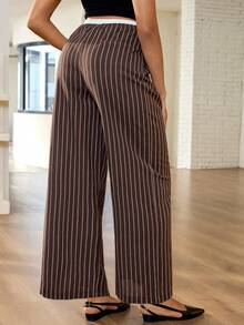 MaterniWear 春季女士办公商务孕妇工作裤，可调节腰围条纹阔腿宽松休闲裤，适合孕妇穿着，阔腿裤条纹裤棕色棉质抽绳腰裤棕色家居裤棉质裤女士下装 - 棕色 - 查看 2