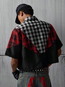 NEON BLANC Men's Summer Fashion Colorblock Plaid Rhinestone Spider Web Print Shirt - Grey - View 3