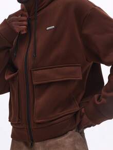 SUMWON Brown Full Zip Hoodie With Drawstring Hood Front Pockets Long Sleeve Casual Outerwear Fall Winter Plain - Brown - View 7
