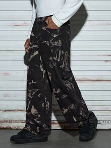 Modcrash 1pc Men Retro American High Street Zebra Striped Washed Wide Leg Jeans, Comfortable Casual Loose Denim Pants, Grunge