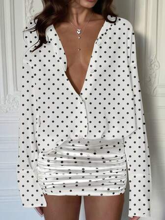 Cévolie 2025 Dammode Elegant Retro Prickig Mönstrad Löst Plisserad Miniskjortklänning, Vår/Höst