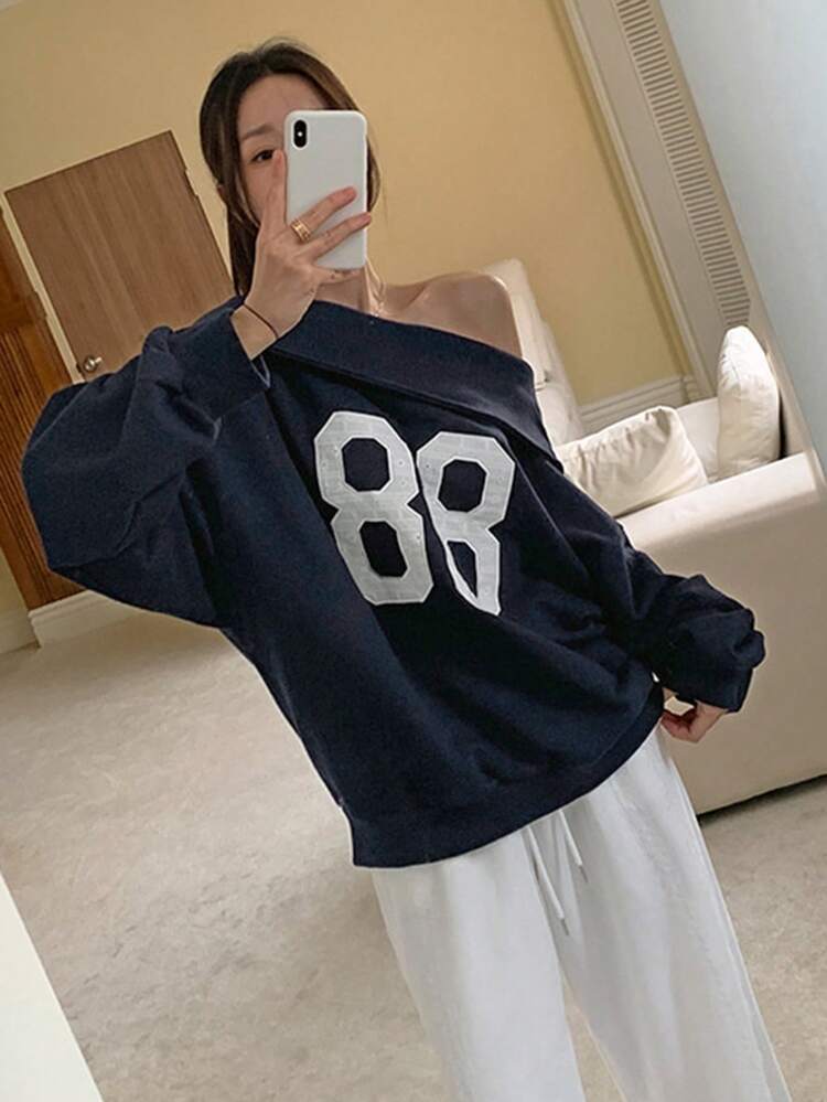 Vintage Oversized Asymmetrical Shoulder Ribbed Hem Letter Print Long Sleeve Sweatshirt For Women