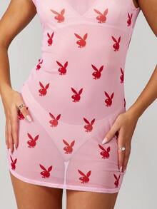 Missguided x Playboy 兔子印花网纱罩衫连衣裙 短袖迷你裙 沙滩泳装罩衫 - 紅色 - 查看 4