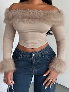 Alexandranx Áo crop top tay dài trễ vai thời trang cho nữ Áo crop top tay dài trễ vai viền lông - Màu be - Xem 4