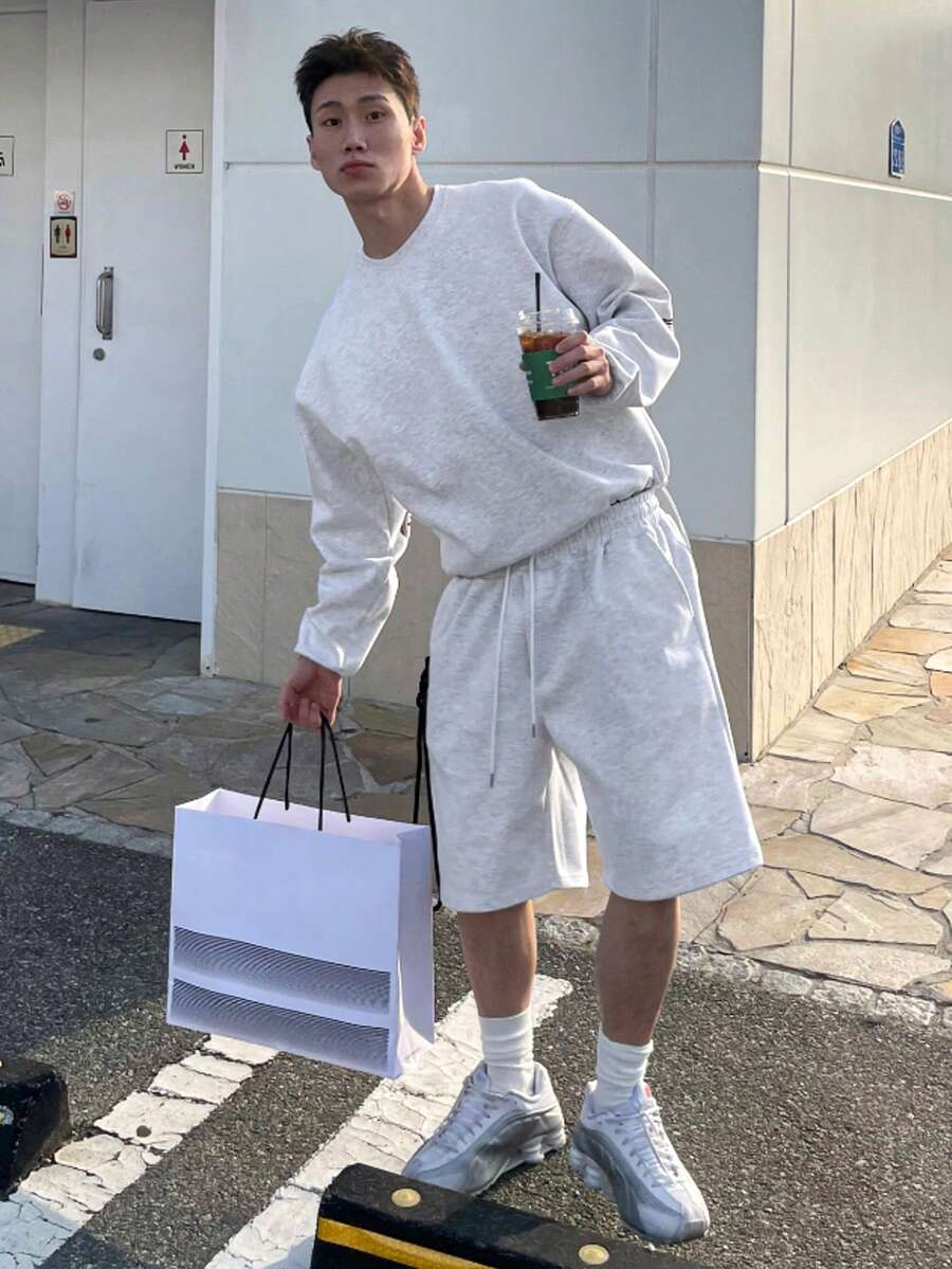 DAZY 男士秋季字母及肘部贴布印花加厚圆领套头卫衣及短裤套装 - 灰色 - 查看 1