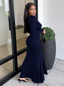Alexandranx Gaun Wanita Model Terbaru, Warna Polos, Pas Badan, Lengan Panjang, Elegan - Navy Blue - View 4