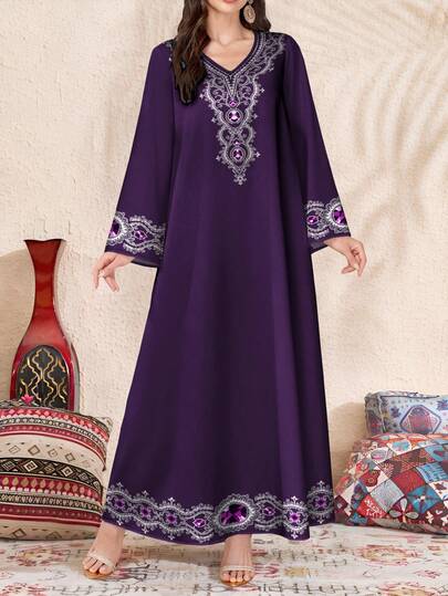 SHEIN Najma Women's Floral Print V-Neck Long Sleeve Elegant Arabic Maxi Dress, Spring/Autumn