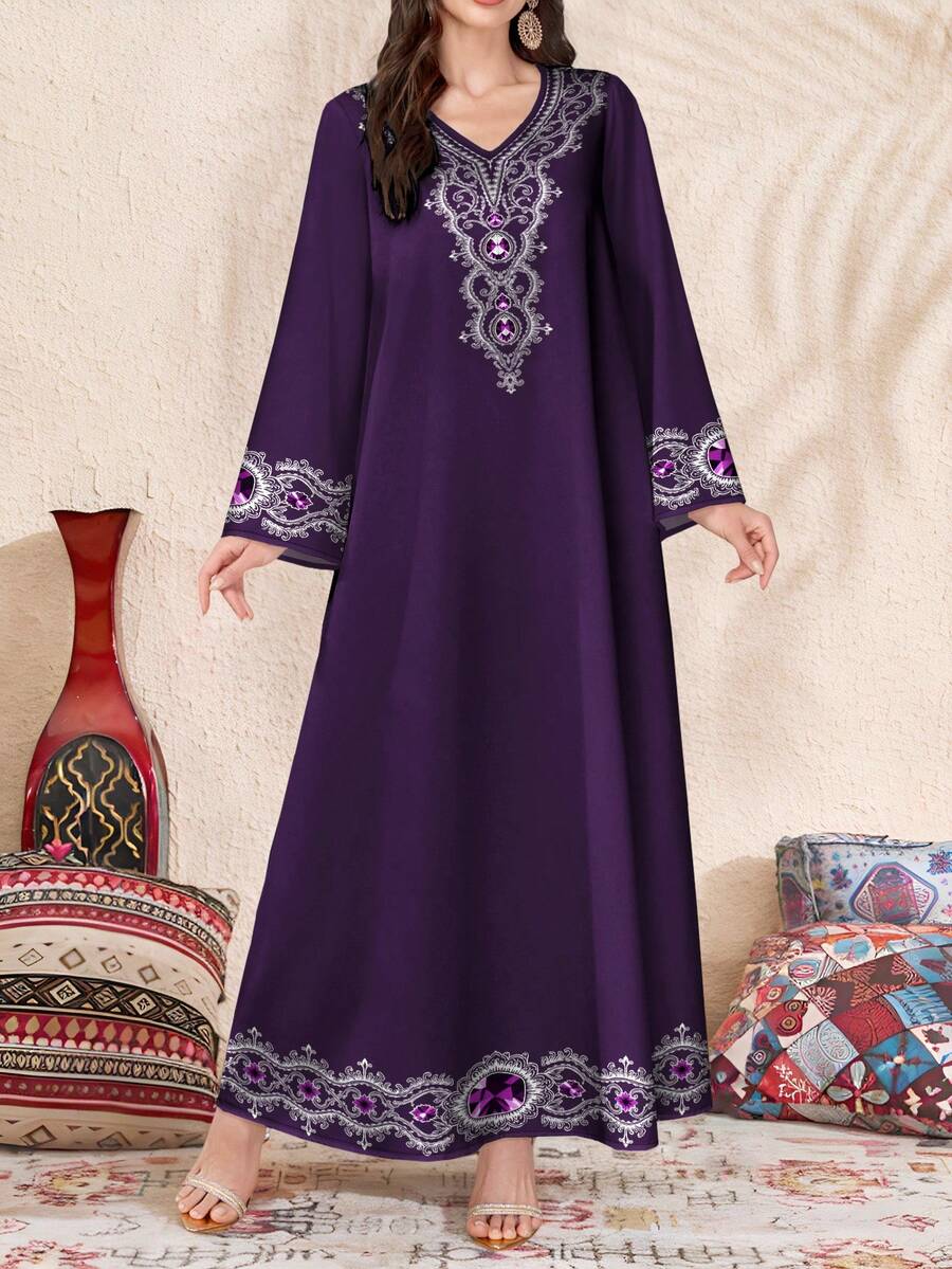 SHEIN Najma Váy maxi Ả Rập dài tay cổ chữ V họa tiết hoa thanh lịch dành cho nữ, Xuân/Thu - Nhiều màu - Xem 1