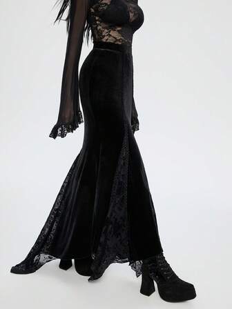 Breakform Women's Gothic Elegant Flocked Floral Patchwork Flocked Ribbon Embroidered Maxi A-Line Skirt