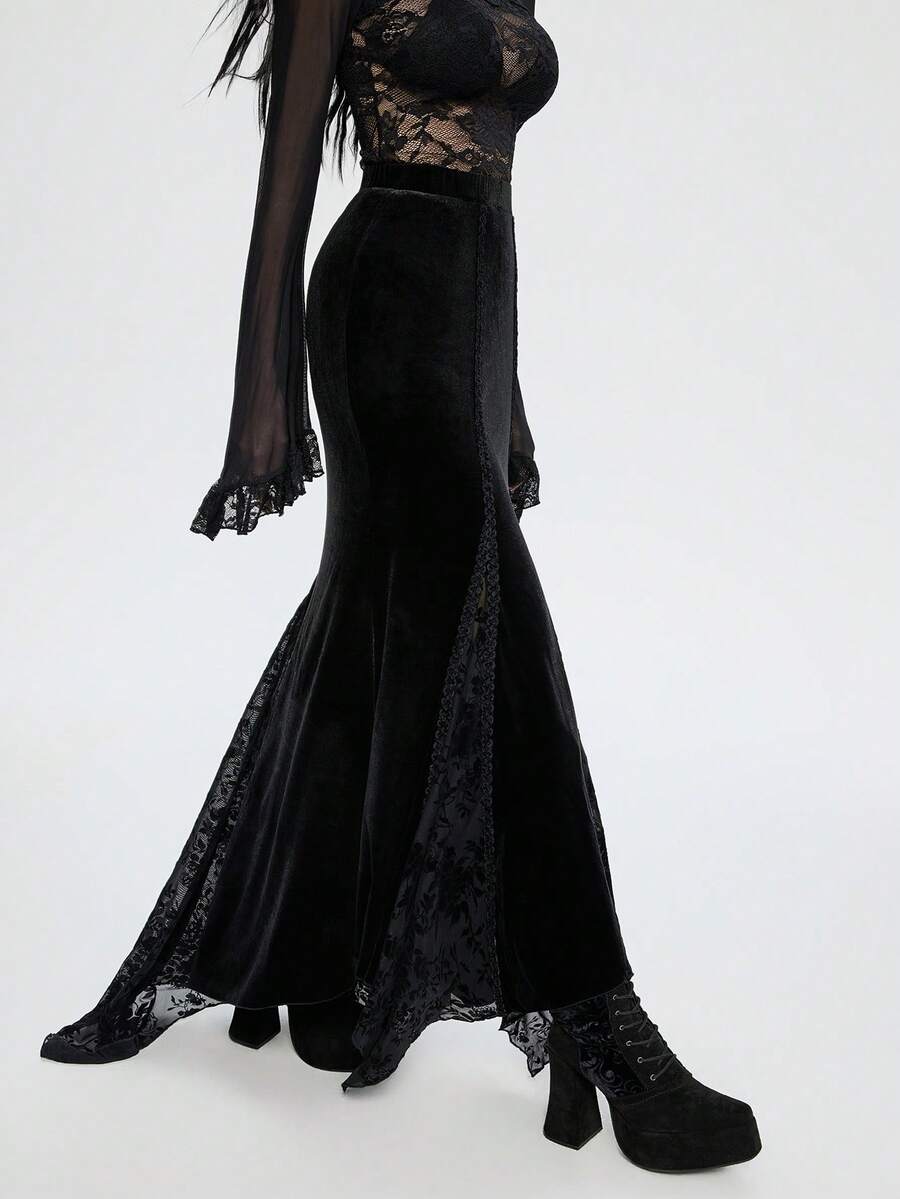 Breakform 女士哥特式优雅植绒花卉拼接植绒缎带刺绣A字长裙 - 黑色 - 查看 1