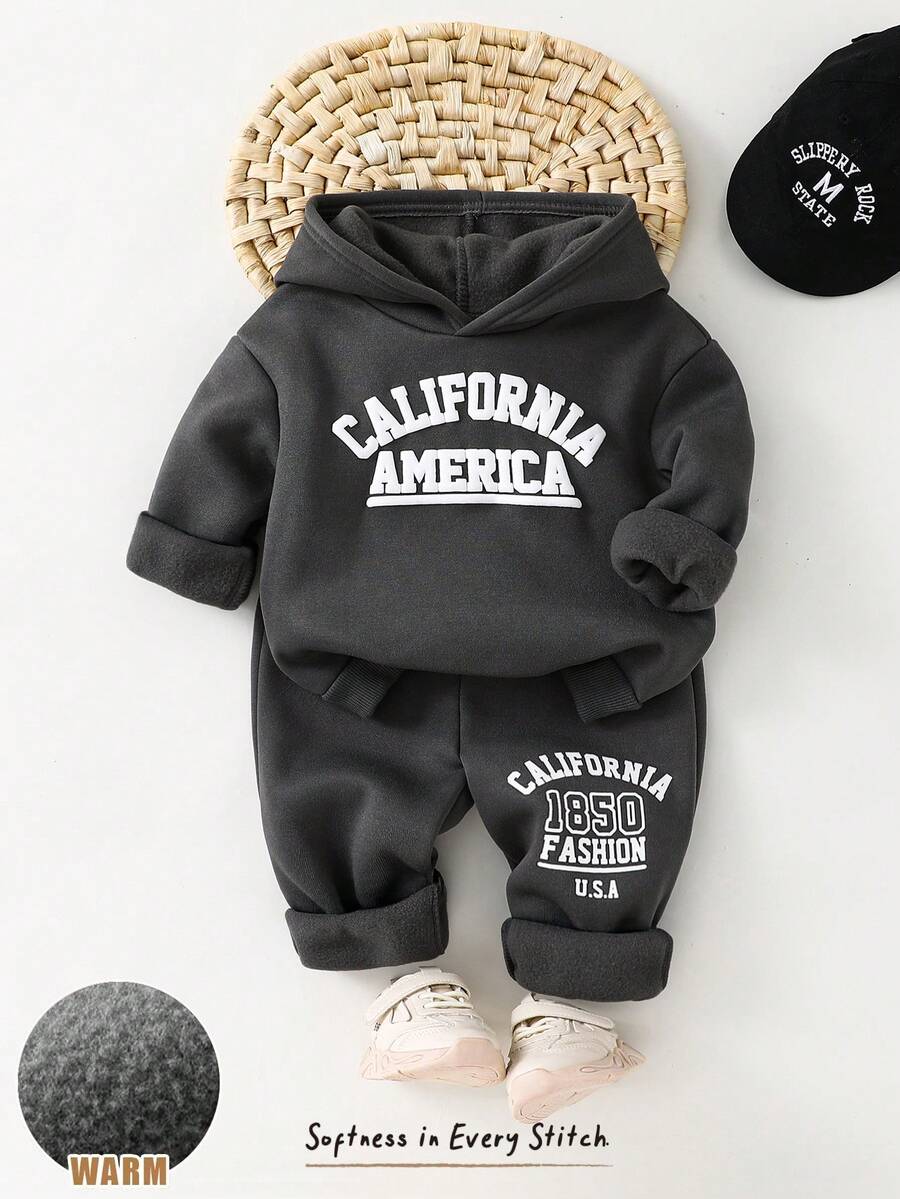 Cozy Pixies 2pcs Baby Boy Minimalist Letter Print Knit Soft Hooded Long Sleeve Pullover Sweatshirt And Elastic Waist Jogger Pants Set - Dark Grey - View 1