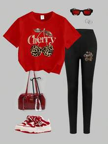 SHEIN Bộ áo thun tay ngắn cổ tròn đơn giản và quần legging thời trang thường ngày sáng tạo, tươi mới họa tiết da báo dành cho nữ, họa tiết quả anh đào, khẩu hiệu chữ in phong cách thường ngày, thoải mái, phù hợp mọi mùa - Nhiều màu - Xem 3