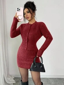 Selianne 2pcs Dark Grey Waist Cinching Bodycon Sweater Dress Set, Slimming For Women, Autumn/Winter - Red - View 3