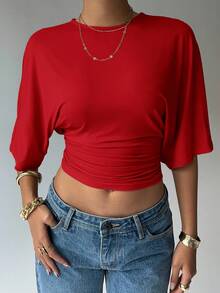 Aloruh Women's Solid Color Round Neck Batwing Sleeve Pleated Cropped Fashion T-Shirt Short Sleeve T-Shirts Women Women's Red Elegant Fashion Streetwear Versatile Short-Sleeve T-Shirt - Red - View 4