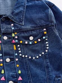 ROMWE MEN Street Life Men's Turndown Collar Single-Breasted Rhinestone Pocket Daily Commute Long Sleeve Denim Jacket - Medium Wash - View 4