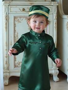 SHEIN Middle Eastern Boys' Round Neck Satin Solid Color Long Sleeve Tunic With Side Slits, Spring/Autumn - Green - View 5