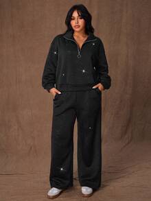 Rustia 大码休闲银箔卫衣和运动裤两件套 - 黑色 - 查看 4