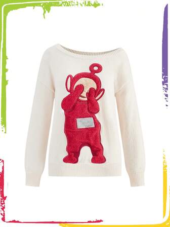 Teletubbies X ROMWE Pull ample asymétrique à épaule dénudée avec motif de dessin animé floqué, automne/hiver