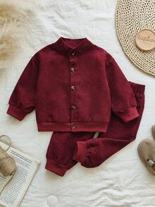 Vintaside Kids Baby Jungen Säugling/Kleinkind Jungen Herbst/Winter Stehkragen Langarm modisches hochwertiges Hemd kombiniert mit vielseitigen Lässig Hosen Set, geeignet für Zuhause Lässig, leichte Outdoor-Aktivitäten, Familienfeiern - Bordeaux - Übersicht 5