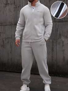 Manfinity Homme Men's Minimalist Chicago Letter Print Side Tape Zipper Sweatshirt Set, For Winter Knitted Set Grey And White Set Tracksuit Set Men Jogging Suits Men 2 Pieces Sweat Suit - Grey - View 4