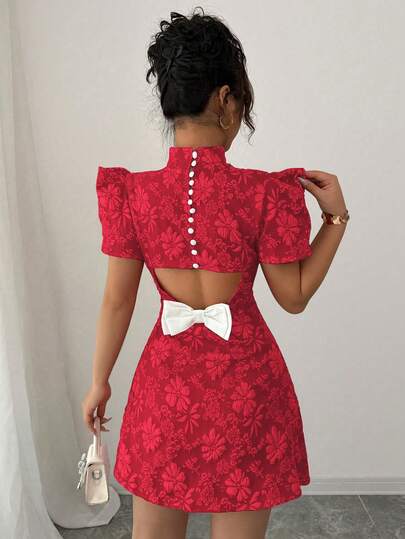 Elenzga Women's Vintage Red Textured Fabric Puff Sleeve Elegant High Neck Backless Bow Contrast Color Cutout Waist Slim Fit Unique Design Mini Dress, Summer