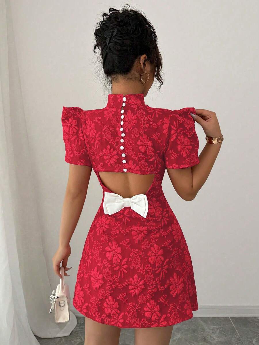 Elenzga Váy ngắn tay bồng vải đỏ họa tiết cổ điển thanh lịch hở lưng cổ cao thắt nơ màu tương phản thiết kế độc đáo ôm vừa vặn cho nữ, mùa hè - Màu đỏ anh đào - Xem 1