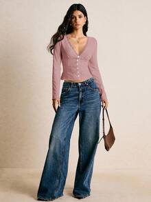 Poéselle Women's Textured Contrast Lace V-Neck Long Sleeve Button Design Fitted T-Shirt - Dusty Pink - View 2