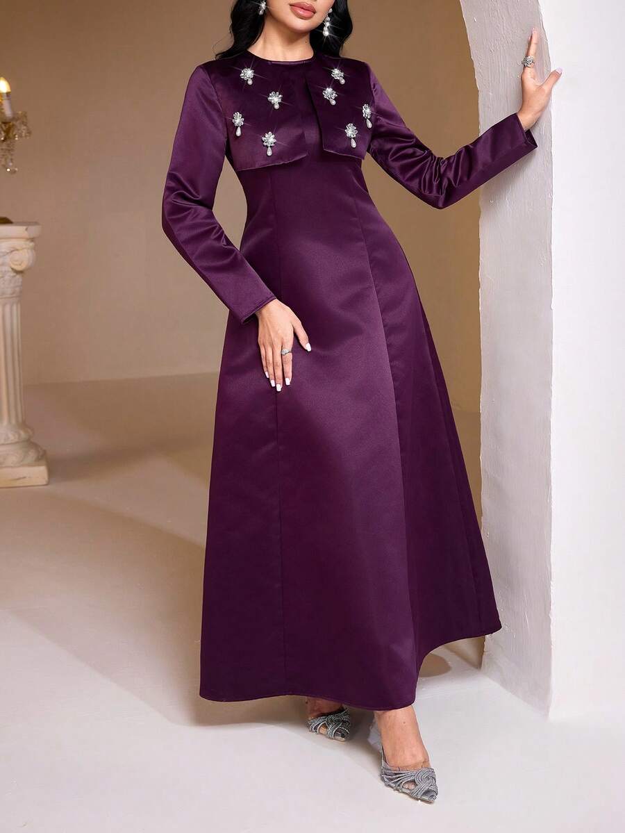 Veilorie 女士优雅宴会礼服，饰以水钻和仿珍珠，腰部收紧，阿拉伯风格 - 紫色 - 查看 1