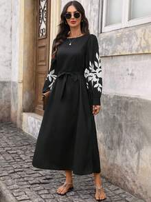 EMERY ROSE 女士休闲植物印花灯笼袖圆领长连衣裙，适合度假穿着 - 黑色 - 查看 6