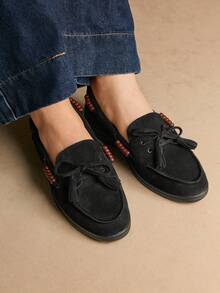Rosivie Women's Lace-Up Beaded Flat Casual Shoes For Christmas - Black - View 7