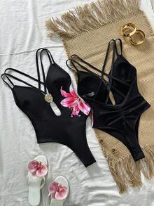 Swim SXY Traje de baño de mujer de moda, estampado de flor de hibisco negro, con tirantes cruzados en la espalda, diseño hueco, escote en V profundo, sexy y elegante, traje de baño de una pieza minimalista, adecuado para vacaciones de primavera/verano y playa - Negro - Ver 2