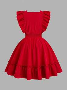 Sweetra Sweet Valentine's Day Character Red Short Dress With Flutter Sleeves And A Fitted Waist Red Dress Lolita Dress Heart Dress Kawaii Dress Bows Dress New Year - Red - View 2