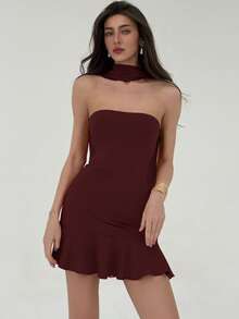 Aloruh 女士纯色缎带设计时尚吊带迷你连衣裙 - 紫紅色 - 查看 4