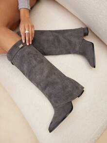 Daringsoles 女士尖头金属装饰时尚高跟过膝长靴 - 深灰色 - 查看 2