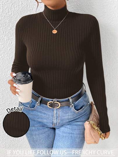 SHEIN Frenchy ملابس علوية تيشرت رقبة عالية بلون أحادي مضلع، كاجوال للخريف/الشتاء، ملابس علوية مضلعة بنية أساسية، ملابس علوية طويلة الأكمام ذات رقبة عالية، ملابس علوية بنية، ملابس علوية أساسية مبطنة مزدوجة، ملابس علوية بنية جميلة