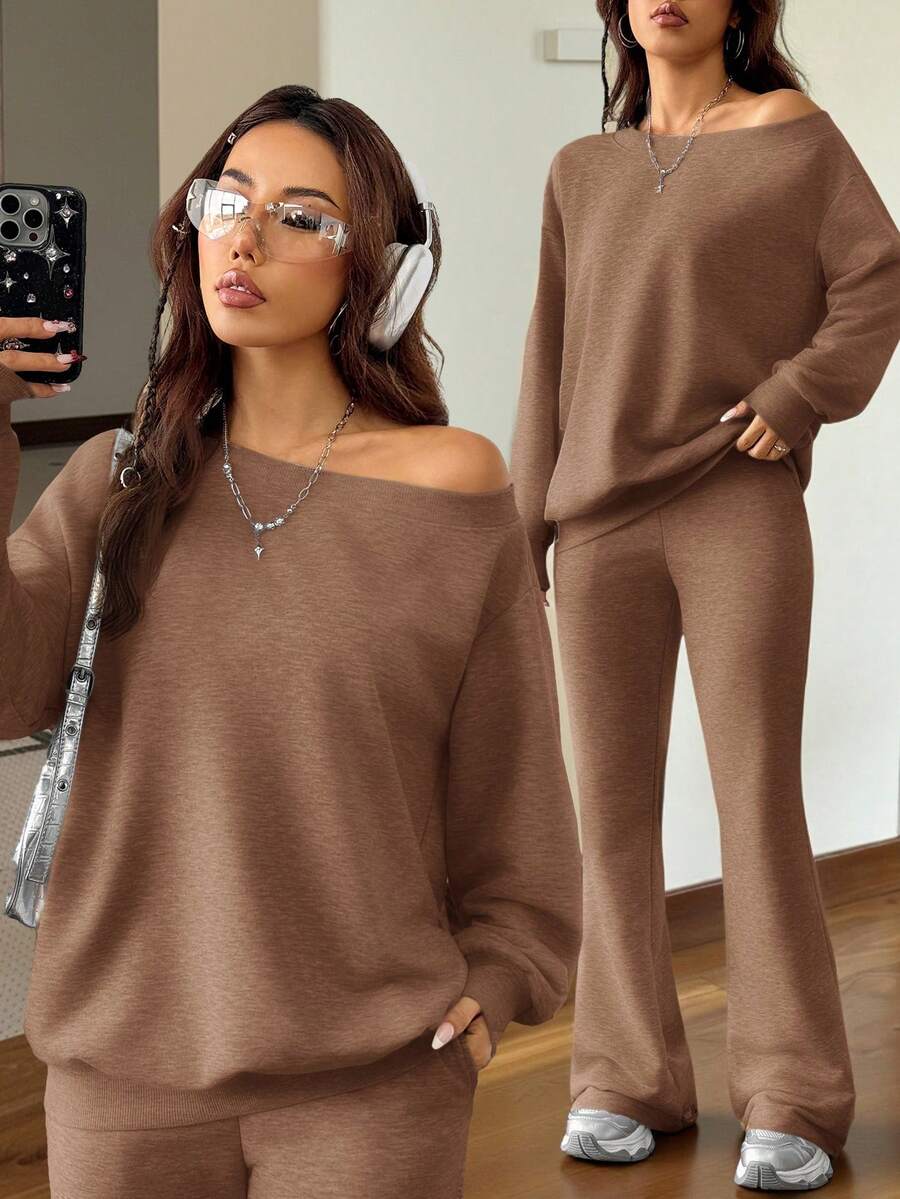 SHEIN EZwear 女士秋冬基本款针织纯灰色宽松露肩不对称领口长袖运动衫和喇叭裤健身套装、两件套服装