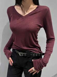 DAZY V-Neck Long Sleeve T-Shirt, Versatile Base Layer Top For Women, Autumn/Winter - Burgundy - View 9